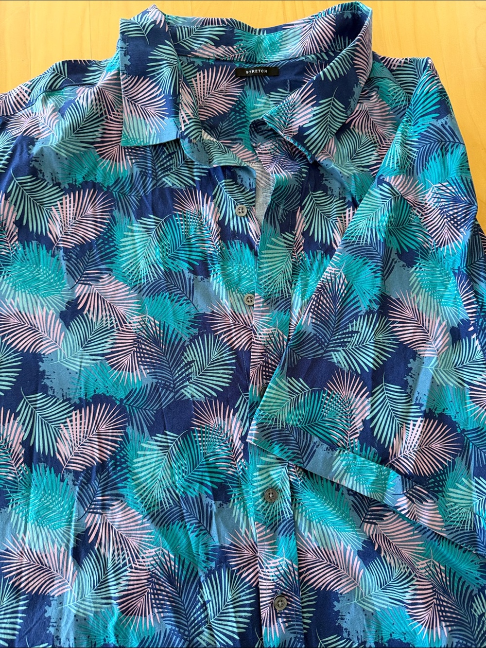 Stretch Navy Palm-Print Casual Button-Down Shirt